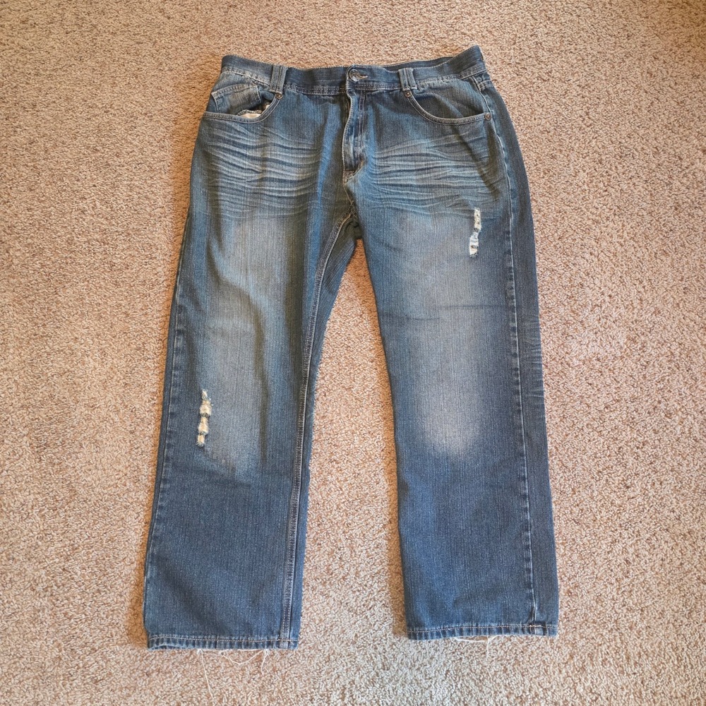 Blue Gear Mens Distressed Straight Leg Jeans Blue Medium‎ Wash 40x32 (39×30)